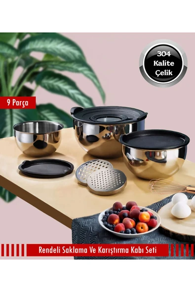 Steel&More 9 Parça Çelik Çok Amaçlı Rendeli Saklama Ve Karıştırma Kabı Seti