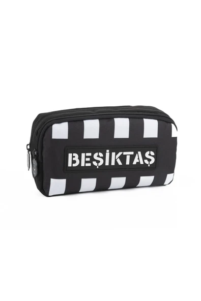 Beşiktaş Siyah Beyaz Çift Bölmeli Çubuklu Kalem Çantası 25302