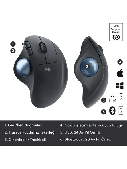 Logitech ERGO M575 Kablosuz İztopu Özellikli Konforlu Ergonomik Mouse - Siyah - 6
