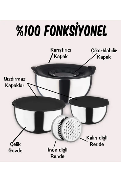 Steel&More  9 Parça Çelik Çok Amaçlı Rendeli Saklama Ve Karıştırma Kabı Seti - 8