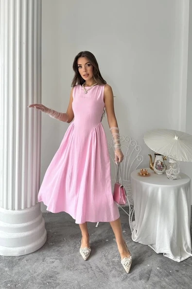 Pembe Yanları Büzgülü Midi Boy Keten Elbise - 2