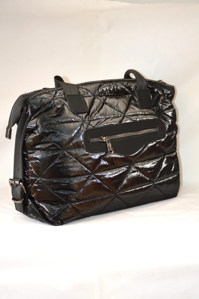 Kadın Siyah Çanta Paraşüt Kumaş Şişme Büyük Boy Fermuarlı Ve Askılı Günlük Şık Çanta - 4