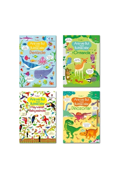 Ara Ve Bul Resimli Bulmacalar Set 4 Kitap - Ormanda Denizde Dinozorlar Hayvanat Bahçesinde 3+ Yaş