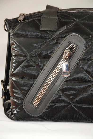 Kadın Siyah Çanta Paraşüt Kumaş Şişme Büyük Boy Fermuarlı Ve Askılı Günlük Şık Çanta - 2