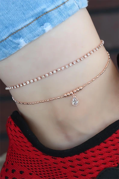Zirkon Taşlı Rose Renk Kaplama Çift Zincirli Hal Hal - TJ-HH991-KS - 2