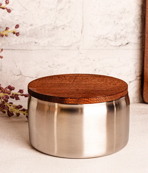 Steel&More  Ahşap Kapak Çelik Çerezlik 7 Parça Sızdırmaz Saklama Kabı 12cm - 3