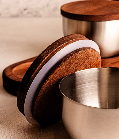 Steel&More  Ahşap Kapak Çelik Çerezlik 7 Parça Sızdırmaz Saklama Kabı 9cm - 5