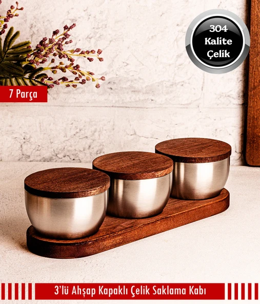 Steel&More  Ahşap Kapak Çelik Çerezlik 7 Parça Sızdırmaz Saklama Kabı 9cm