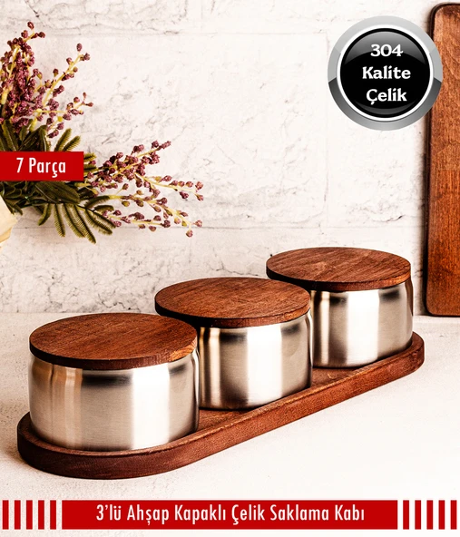 Steel&More  Ahşap Kapak Çelik Çerezlik 7 Parça Sızdırmaz Saklama Kabı 12cm