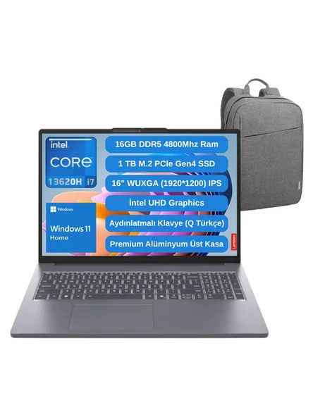 Lenovo Ideapad Slim 3 16IRH10 Intel Core I7 13620H 16GB 1TB SSD 16" Fhd Windows 11 Home Taşınabilir Bilgisayar 83K2001VTR - Lenovo Çanta Wz7 - 1