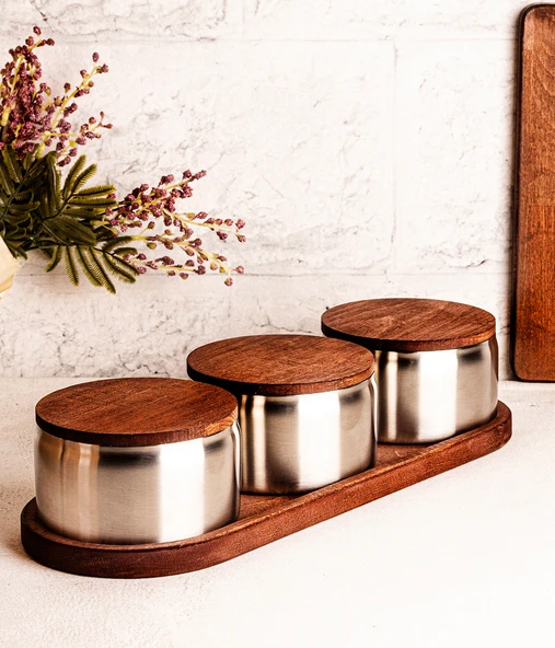 Steel&More  Ahşap Kapak Çelik Çerezlik 7 Parça Sızdırmaz Saklama Kabı 12cm - 7