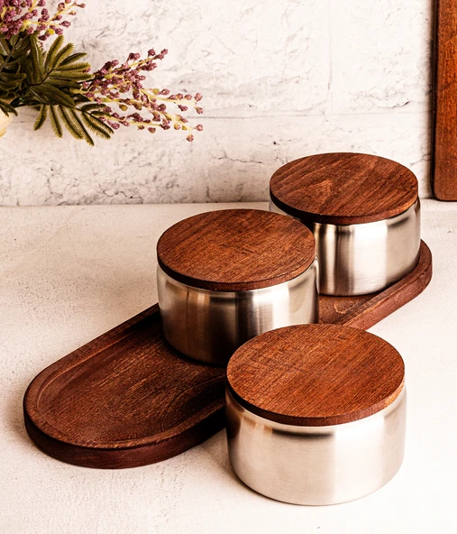 Steel&More  Ahşap Kapak Çelik Çerezlik 7 Parça Sızdırmaz Saklama Kabı 12cm - 4