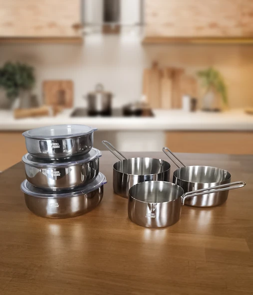 Steel&More  Çelik 3'lü Saklama Kabı ve 3'lü Kaçerola 9 Parça Set - 2