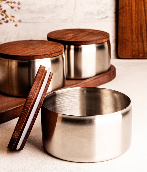 Steel&More  Ahşap Kapak Çelik Çerezlik 7 Parça Sızdırmaz Saklama Kabı 12cm - 2