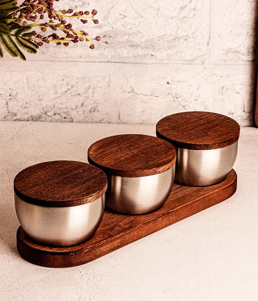 Steel&More  Ahşap Kapak Çelik Çerezlik 7 Parça Sızdırmaz Saklama Kabı 9cm - 4