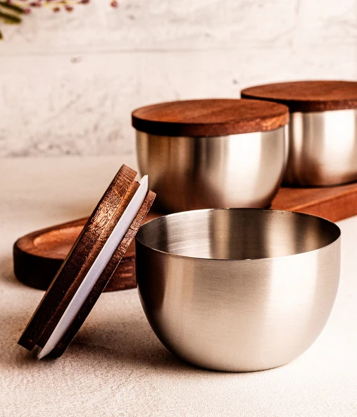 Steel&More  Ahşap Kapak Çelik Çerezlik 7 Parça Sızdırmaz Saklama Kabı 9cm - 2