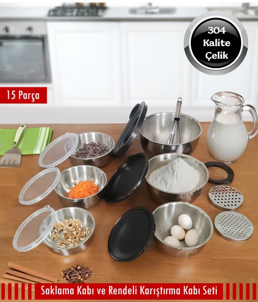 Steel&More  Çelik Rendeli Saklama Kabı (9Parça) ve 3'lü Saklama Kabı 15 Parça Set