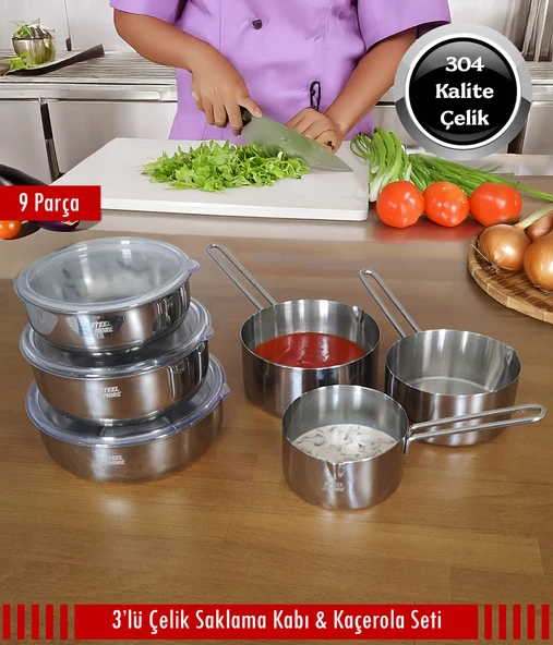 Steel&More  Çelik 3'lü Saklama Kabı ve 3'lü Kaçerola 9 Parça Set