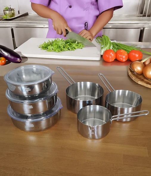 Steel&More  Çelik 3'lü Saklama Kabı ve 3'lü Kaçerola 9 Parça Set - 5