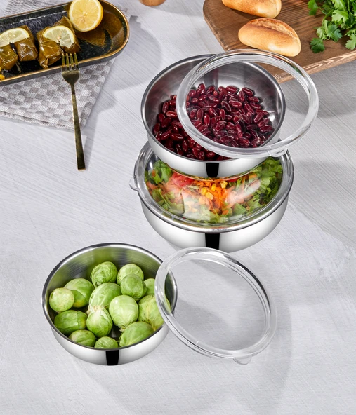 Steel&More  Çelik 3'lü Saklama Kabı ve 24cm Rendeli Saklama Kabı 11 Parça Set - 5