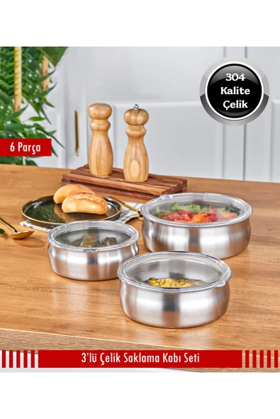 Steel&More  3’lü Çelik Güveç Model Saklama Kabı 6 Parça