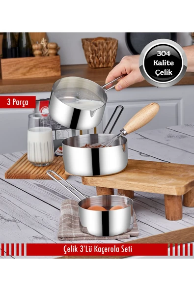 Steel&More  Çelik 3'lü Kaçerola Sosluk Sütlük 12cm-14cm-16cm