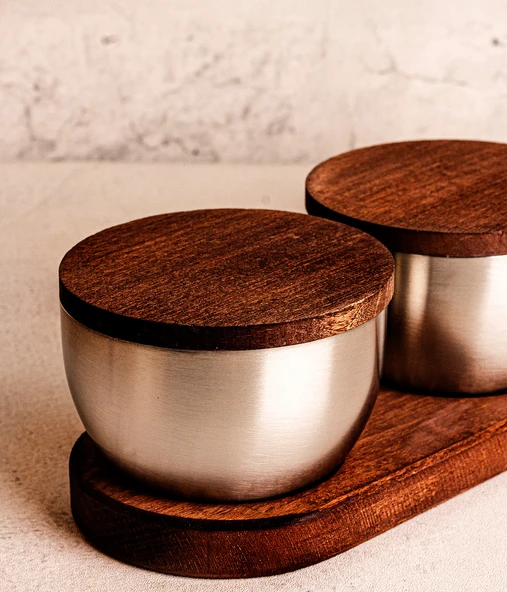 Steel&More  Ahşap Kapak Çelik Çerezlik 7 Parça Sızdırmaz Saklama Kabı 9cm - 3