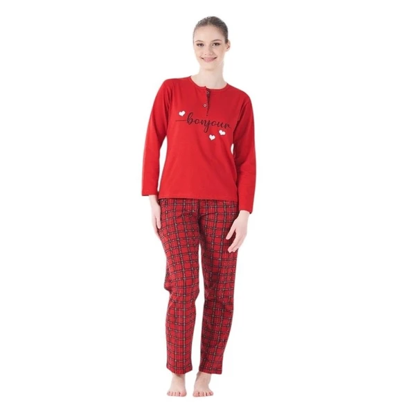 Estiva Ekose Desen Patlı Düğmeli Kareli Bayan Pijama Takım