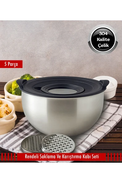 Çelik 5 Parça Rendeli Kase Saklama Ve Karıştırma Kabı 24cm