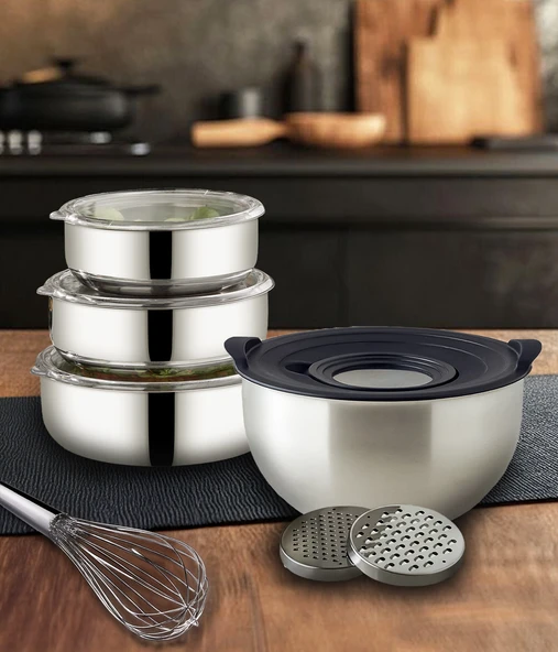 Steel&More  Çelik 3'lü Saklama Kabı ve 24cm Rendeli Saklama Kabı 11 Parça Set - 2