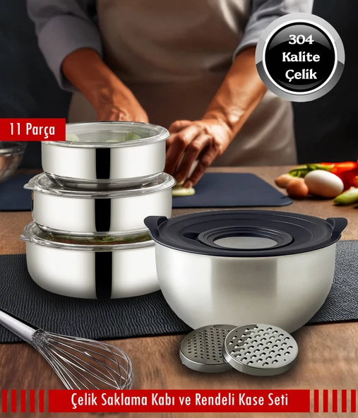 Steel&More  Çelik 3'lü Saklama Kabı ve 24cm Rendeli Saklama Kabı 11 Parça Set