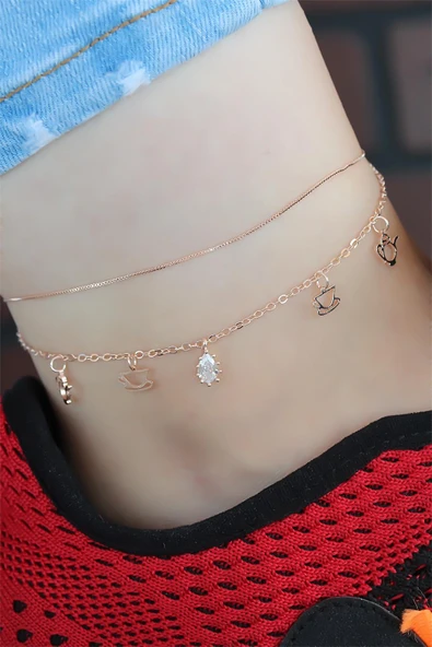 Zirkon Taşlı Rose Renk Çift Zincirli Hal Hal - TJ-HH1008-KS - 2