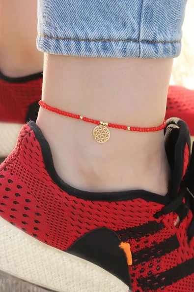 Gold Metal Aksesuarlı Kırmızı Boncuk Detaylı Halhal - TJ-HH1229 - 2