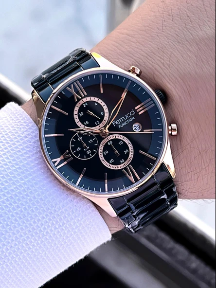 Ferrucci İç Fonksiyonları Aktif Takvim Ve Gün 30mt Suya Dayanıklı Çelik Kordon Erkek Kol Saati VS.BLKT.0454 - Resim 3