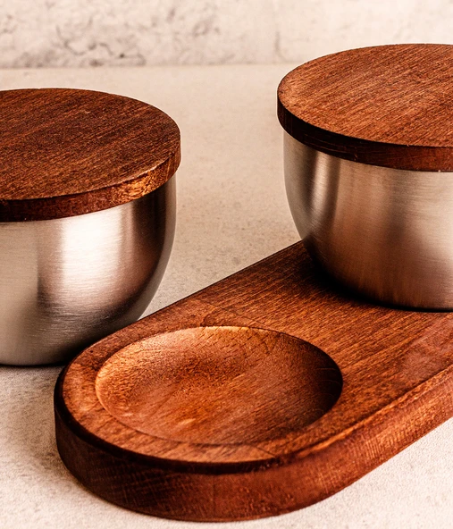 Steel&More  Ahşap Kapak Çelik Çerezlik 7 Parça Sızdırmaz Saklama Kabı 9cm - 6