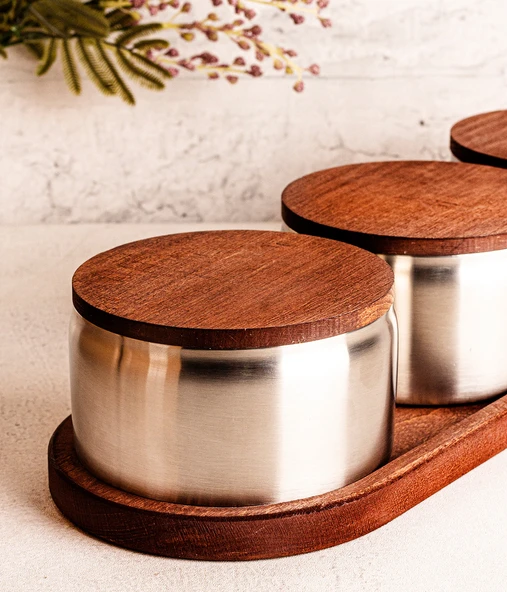 Steel&More  Ahşap Kapak Çelik Çerezlik 7 Parça Sızdırmaz Saklama Kabı 12cm - 5