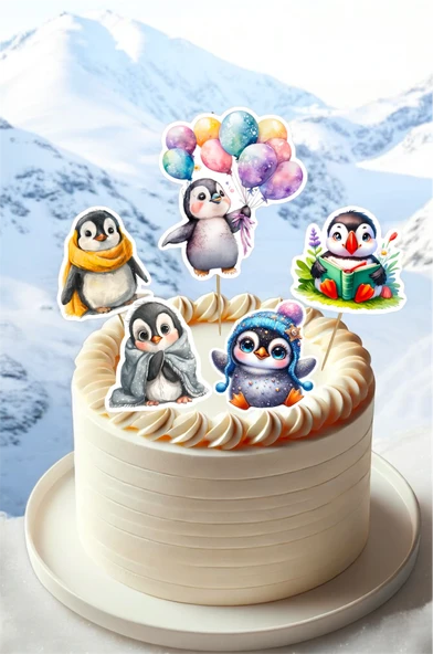 Penguen Konseptli Doğum Günü Etiketleri Cupcake Üstü Çıkartmalar Kız ve Erkek Çocuklara Özel