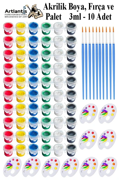 Akrilik Boya 3 ml 6 Renk Resim Fırçası ve Paleti 10 Paket Mini Küçük Akrilik Boya Taş Ahşap Seramik Tuval Alçı Tuval ürün görseli