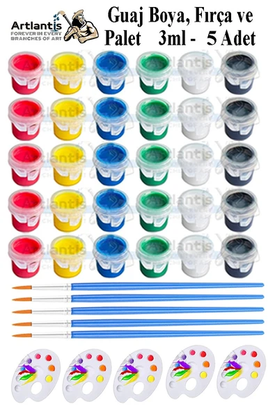 Guaj Boya 3 ml 6 Renk Resim Fırçası ve Paleti 5 Paket Mini Küçük Guaj Boya Etkinlik Boyama Boyası Su Bazlı Resim Okul