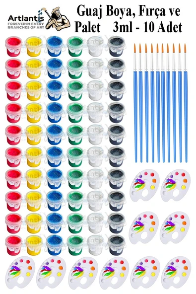 Guaj Boya 3 ml 6 Renk Resim Fırçası ve Paleti 10 Paket Mini Küçük Guaj Boya Etkinlik Boyama Boyası Su Bazlı Resim Okul