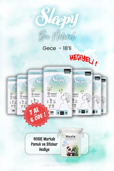 Sleepy Bio Natural 7 AL 6 ÖDE Gece Ped 18'li ve ROSIE ürün görseli
