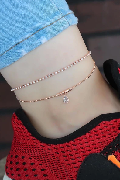 MuI MuI Zirkon Taşlı Rose Renk Kaplama Çift Zincirli Hal Hal
