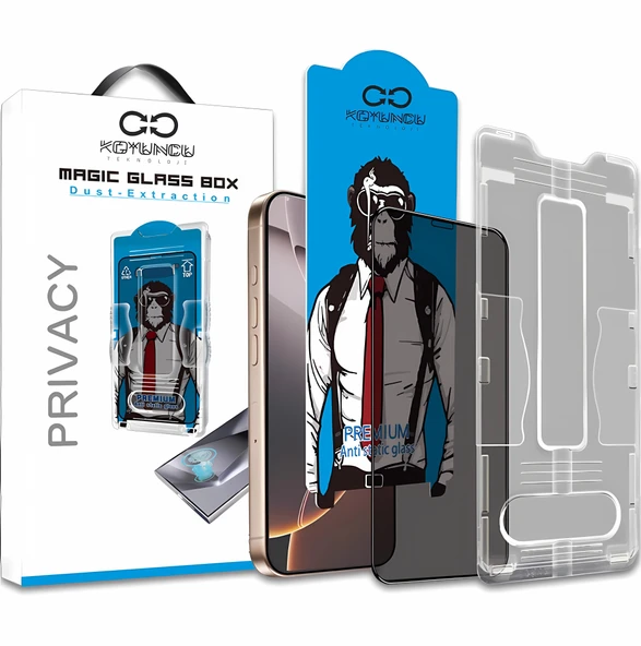 Privacy Magic Glass Box iPhone 15 Pro Max Uygulama Aparatlı Hayalet Cam Ekran Koruyucu