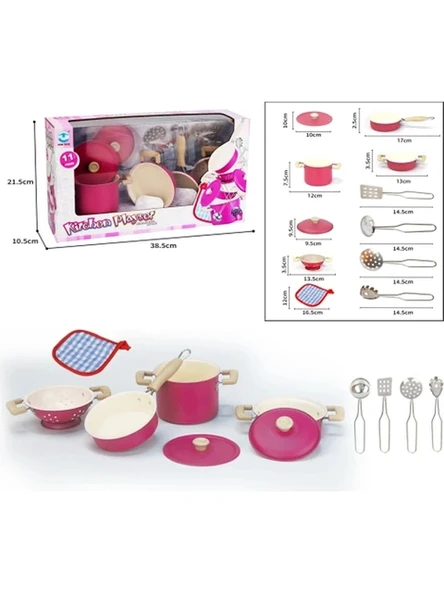 11 Parça Pembe Emaye Oyuncak Mutfak Seti - Çocuklar Için Eğitici Tencere Ve Tava Takımı - 4