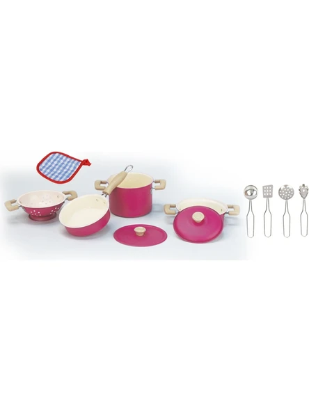 11 Parça Pembe Emaye Oyuncak Mutfak Seti - Çocuklar Için Eğitici Tencere Ve Tava Takımı - 2