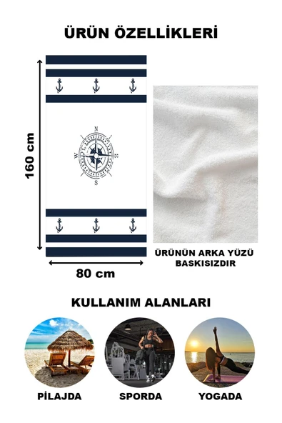 Çapa ve Pusula Desenli Plaj Deniz Havlusu Peştemal 80x160 CM NRM07 - 2