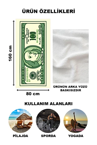 100 Dolar Desenli Plaj Deniz Havlusu Peştemal 80x160 CM VTA29 - 2