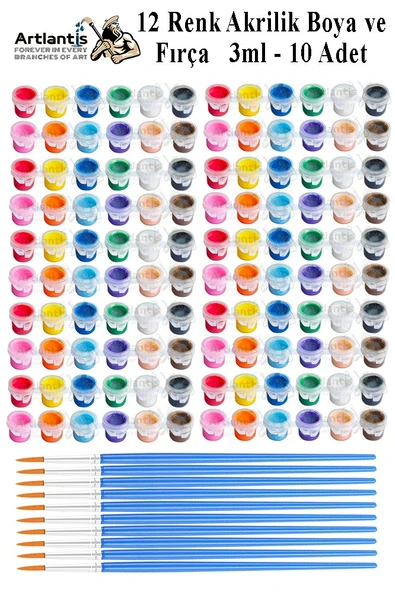 Akrilik Boya 3 ml 12 Renk Resim Fırçası 10 Paket Mini Küçük Akrilik Boya Taş Ahşap Seramik Tuval Alçı Tuval Etkinlik ürün görseli