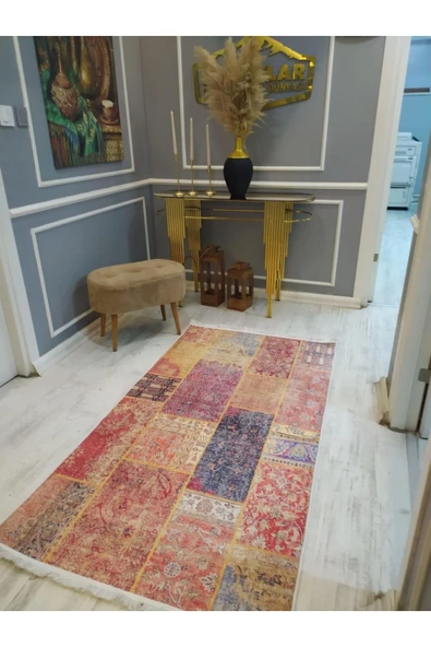 Kaymaz Tabanlı Yıkanabilir Renkli Karabağ Kilim Desenli Dot Taban Halı - 3
