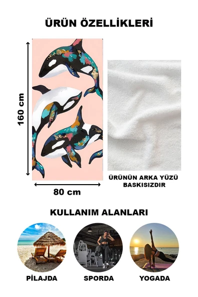 Balina Desenli Plaj Deniz Havlusu Peştemal 80x160 CM VTA11 - 2